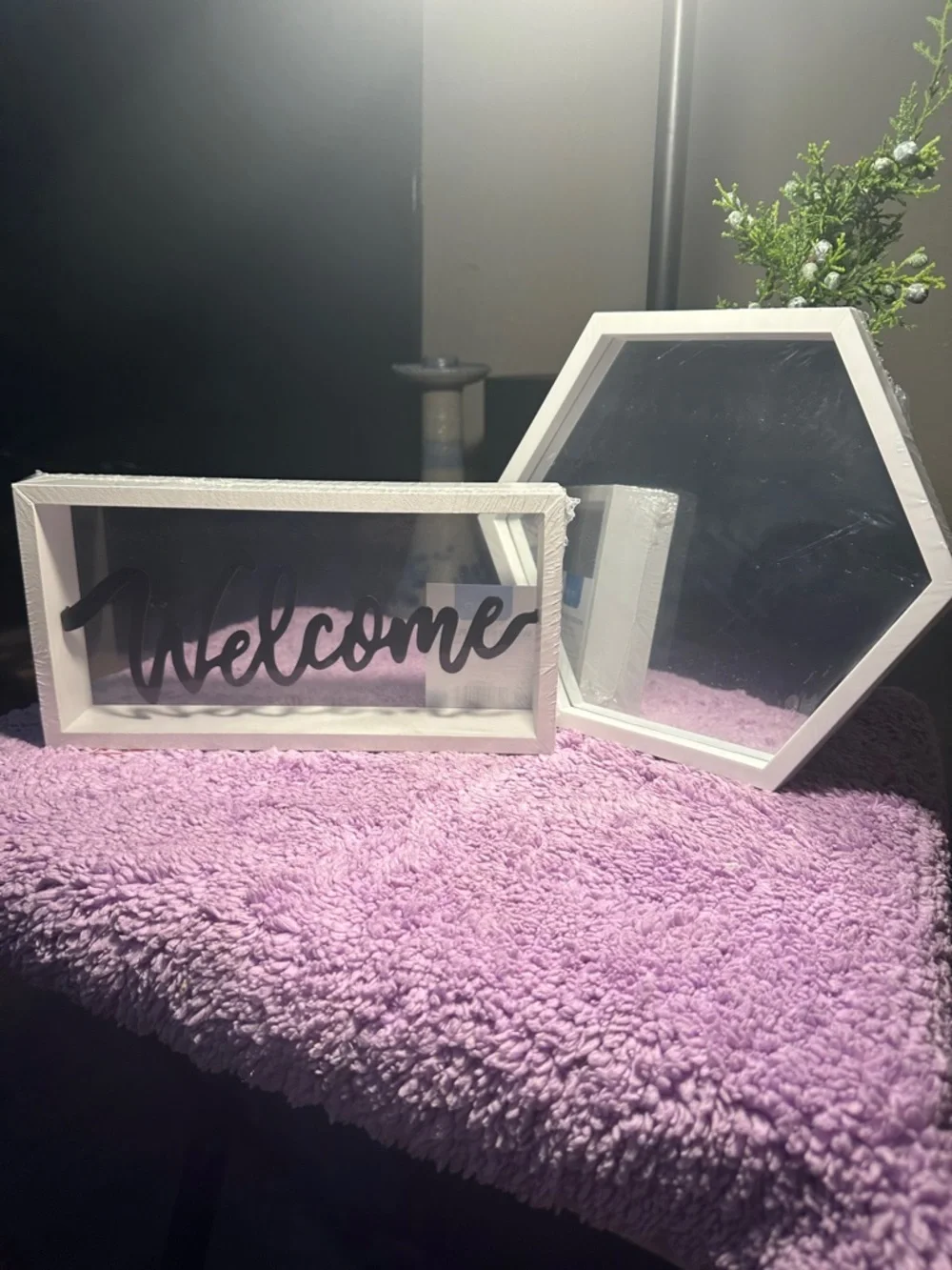 White 'Welcome' Framed Sign with White Hexagon Mirror